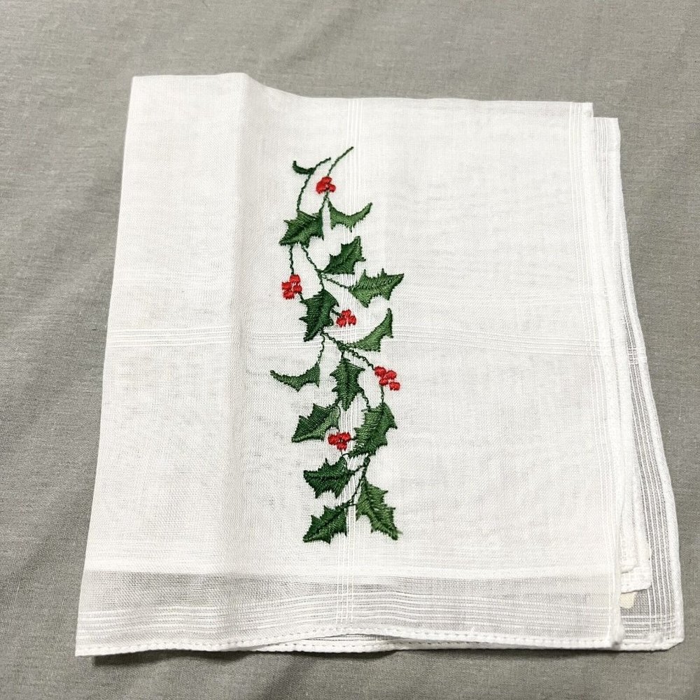 Vintage Desco Christmas Holly Embroidered Handkerchief w Tag